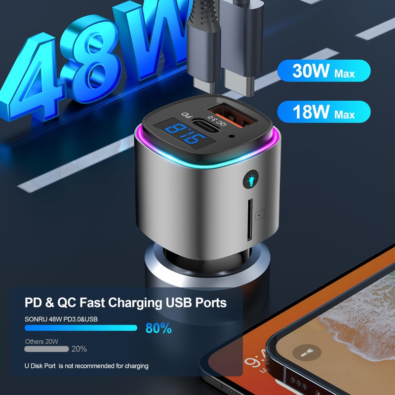 SONRU (Upgraded Version) FM Transmitter Bluetooth, SONRU Bluetooth Car Adapter [PD 30W & QC3.0 18W], Wireless FM Radio Transmitter, Hands-Free Calling, Siri Google Assistant, TF Card - Image 3